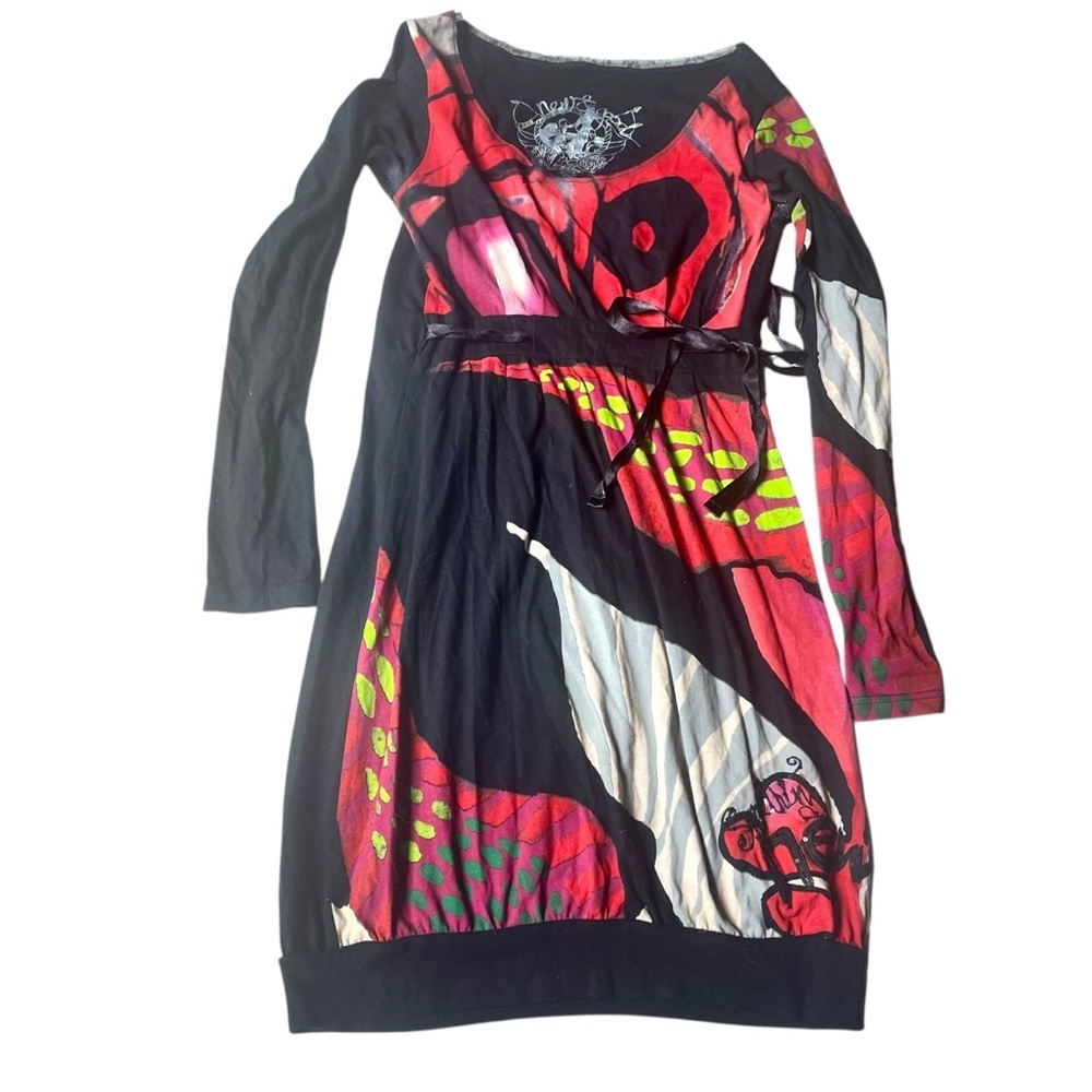 Desigual Graphic Print Mini Dress Cotton Hikaru Bubble Hem Long Sleeve